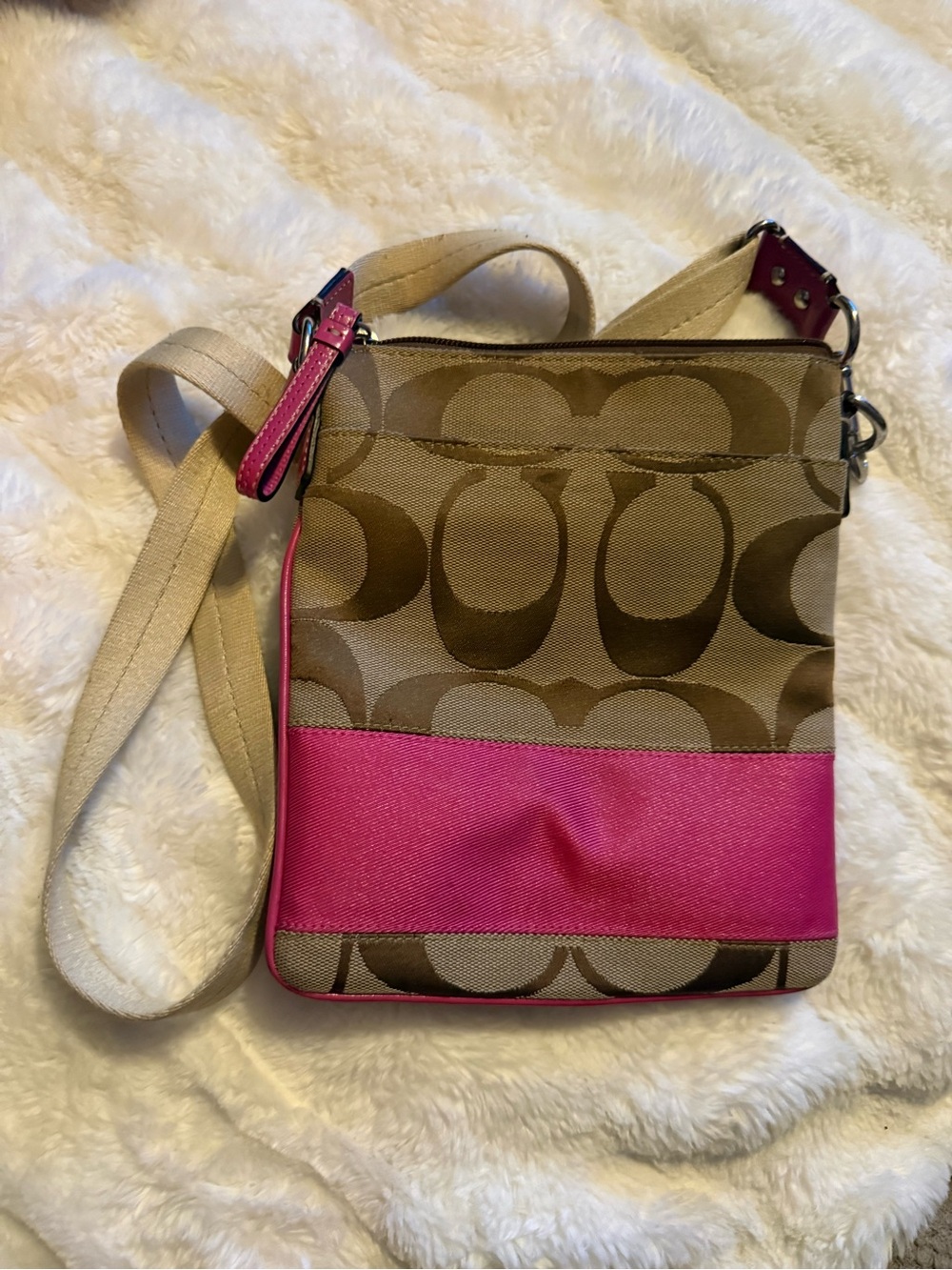 Coach Khaki Signature Canvas Crossbody with Pink Trim
